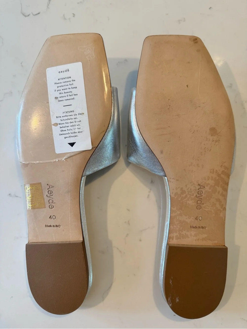 Aeyde Anna Silver Metallic Leather Slide Sandals Size 40